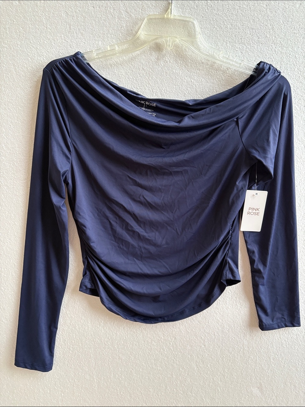 NWT Pink Rose Coastal Navy Draped Scoop Neck Long Sleeve Ruched Top Size Large